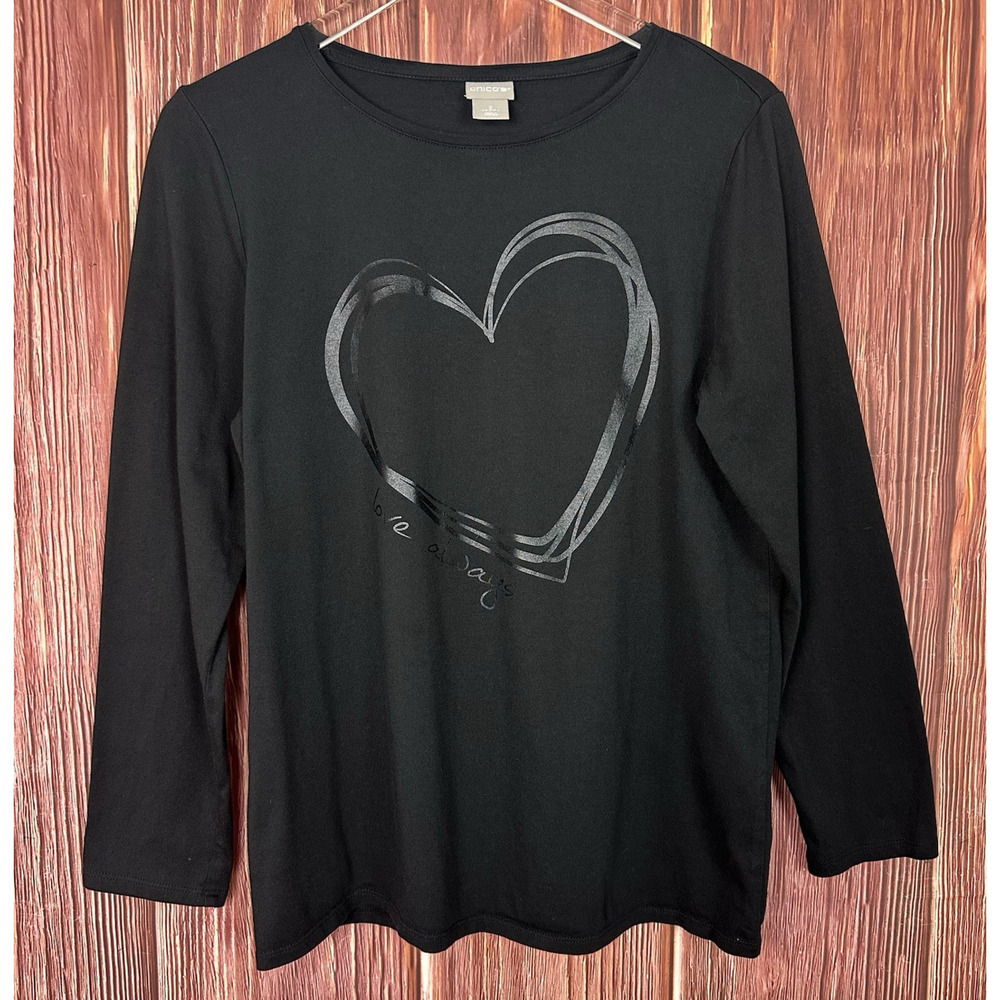 Chicos 2 L Long Sleeve Tee Black Reflective Heart Graphic Valentines Love Always